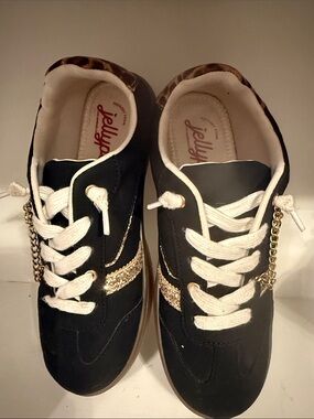 Jellypop Black Sneakers with Gold Glitter Stripe and Chain